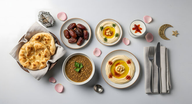 Top view of ramadan iftar food spread featuring hummus lentil soup dates and flatbread on white background with decorative lantern and crescent moon symbols for holy month celebration and fasting meal