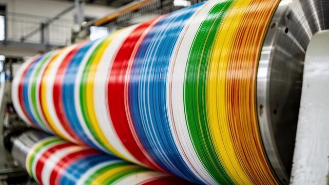Medium shot capturing colorful polypropylene warp beams highlighting synthetic strands arranged uniformly for efficient bag fabric production.