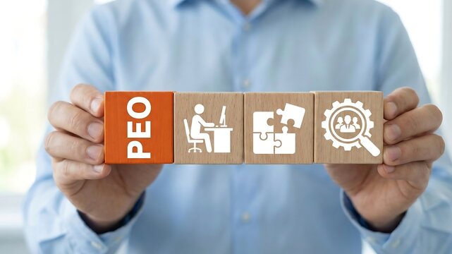 Professional Holding PEO Wooden Blocks for Professional Employer Organization, Outsourced HR Services and Workforce Management Concept