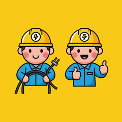 Fototapeta premium Cartoon Electricians Wearing Hard Hats Working.
