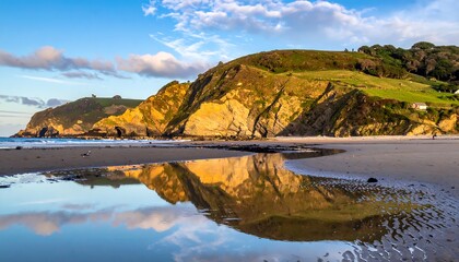 Sandy beach with reflection of cliffs under a clear sky. Ocean meets shoreline