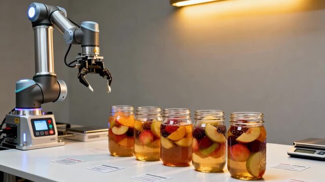 Medium shot of tabletop robotic arm precisely filling jars with fruit and brine showcasing compact automation for smallscale food production.