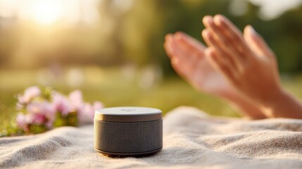 Compact speaker plays music at picnic during golden hour with people clapping in background and warm sunlight
