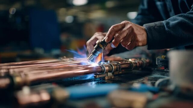 Medium shot focused on inhouse fabrication of copper heat exchanger components emphasizing handson welding and soldering workbench activities.