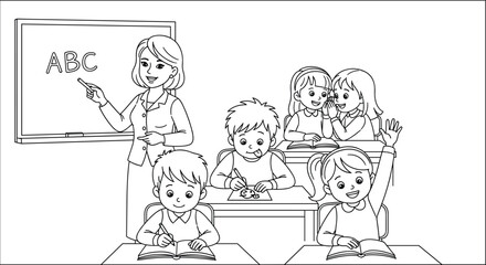 Elementary school classroom scene with teacher teaching ABC on blackboard and happy children studying, reading, writing, and raising hand illustration