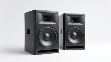 Obraz premium Two large black PA speakers stand on a white background