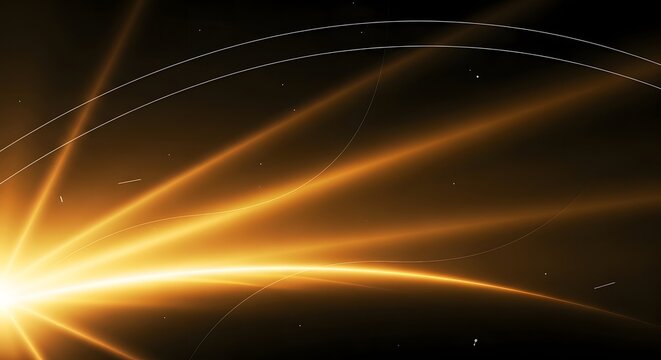 Vibrant orange sunburst with radiating beams and arcs in dark space