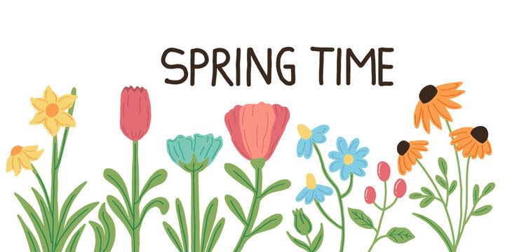 Spring time greeting card with colorful hand drawn flower garden. Colorful spring flower collection. Perfect for Easter or greeting cards