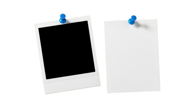 Blank Photo Frame and Paper Pinned with Blue Pushpins for Customizable Memories and Notes