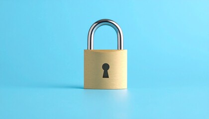 Naklejka premium Light blue background brass padlock security privacy protection