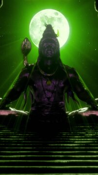 Green-lit Shiva figure emerging from darkness with meditative posture, spiritual vertical reel symbolizing balance, healing energy and devotional inner focus
