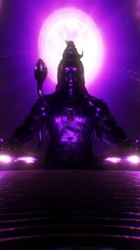 Purple-lit Shiva seated in deep meditation with radiant aura, spiritual vertical reel crafted for mystical visuals, inner stillness and immersive devotional storytelling
