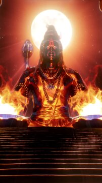 Fiery Shiva rising through flames and golden light, powerful spiritual vertical reel representing transformation, devotion and inner awakening energy
