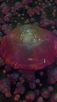 Fantasy mushroom cap floating among colorful spores, surreal vertical reel blending psychedelic textures, organic motion and immersive dreamlike fantasy visuals
