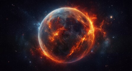 Fototapeta premium fiery planet engulfed in flames with vibrant cosmic nebula background.