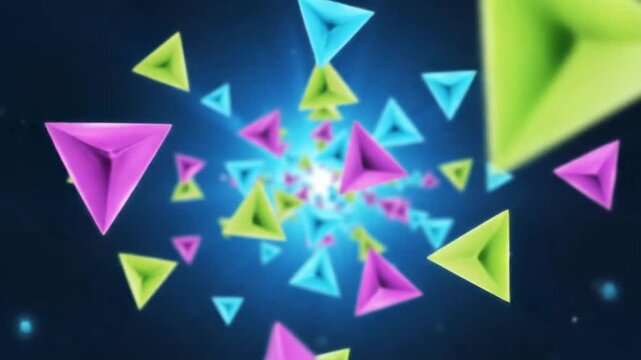 Colorful triangles move in space creating patterns with motion and light in a digital setting during an animation