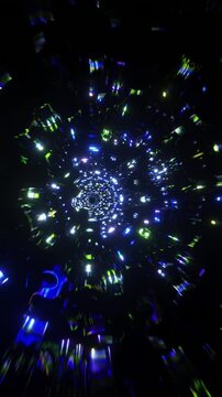Cosmic particle mandala formed by glowing blue and green light points, abstract spiritual vertical reel crafted for meditation visuals and immersive celestial environments
