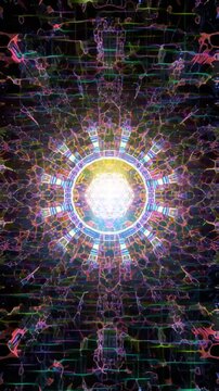 Radiant white core mandala with intricate luminous geometry and outward energy flow, abstract sacred geometry vertical reel designed for meditation focus and immersive light-based visuals
