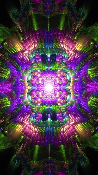 Vivid purple and green mandala with radiant core and layered symmetry, abstract sacred geometry vertical reel designed for uplifting meditation and immersive energy visuals
