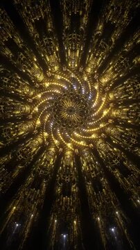Golden spiral mandala with radiant vortex motion and luminous depth, abstract sacred geometry vertical reel designed for meditation visuals and immersive energy flow
