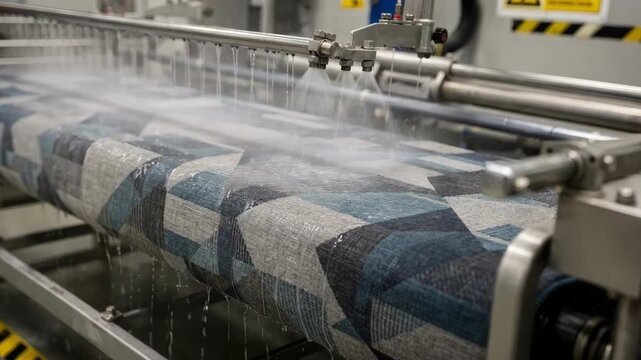 Medium shot of transit seating upholstery undergoing flameretardant impregnation process to comply with public transport safety regulations.