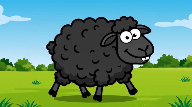 Animation of a playful black sheep character moving across a sunny green meadow, cute and fun