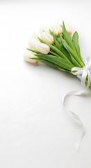 White tulips are elegantly tied with a satin ribbon on a clean background.