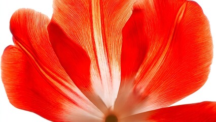 Captivating macro shot of a single red tulip, revealing translucent petals with intricate veins and a soft glow, creating a vibrant orange-red abstract natural pattern.