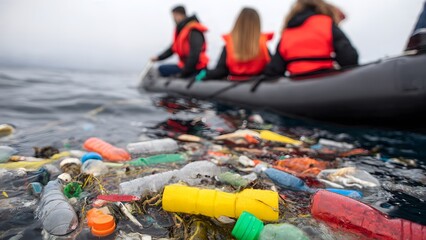 Volunteers navigate a small boat through a massive accumulation of colorful plastic bottles and debris in the ocean, highlighting the critical global marine pollution crisis.