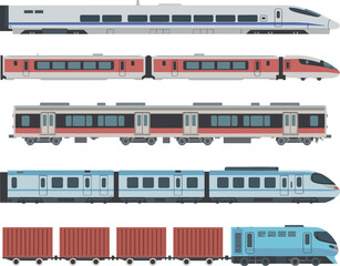 Modern High Speed Train and Freight Railway Illustration Set Featuring Passenger Cars, Cargo Containers and Locomotive Transport in Flat Vector Style © Ariful