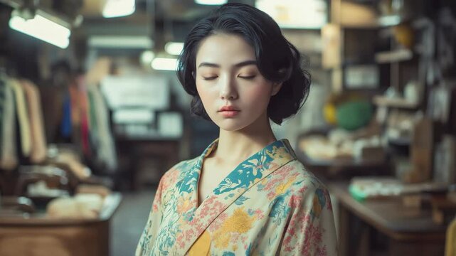 Japanese woman in retro vintage style wearing a traditional kimono inside an old-fashioned office, blending classic elegance with nostalgic atmosphere and timeless cultural charm.