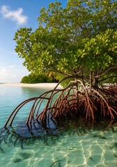 Tropical mangrove tree with exposed roots in clear turquoise water.
