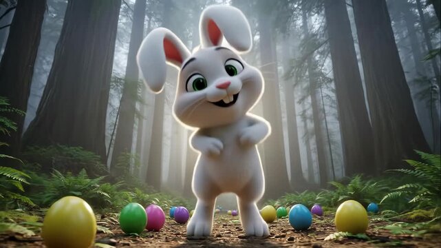 Animated white rabbit character joyfully hops through a forest clearing surrounded by colorful Easter eggs, with sunlight filtering through tall trees in the background