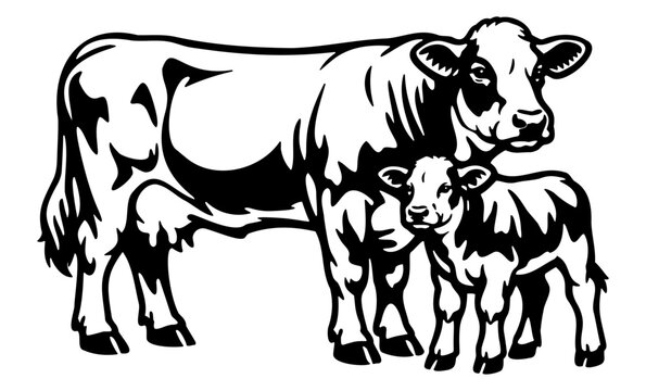 Simmental Cow and Calf &ndash; Beef Cattle Silhouette Illustration