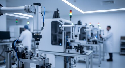 A sophisticated robotic arm precisely manipulates components on a workbench, symbolizing advanced automation and manufacturing technology in a sterile cleanroom environment overseen.
