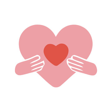 A compassionate gesture simple graphic illustration of hands gently embracing a stylized heart, symbolizing love, care, support, empathy, and emotional connection