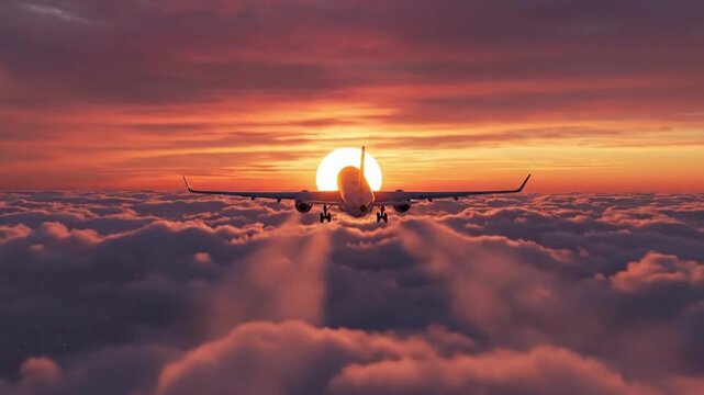 Airplane takes off at sunset from busy airport runway with bright lights and colorful sky
