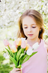 Fototapeta premium Mother's Day Greeting with Blooming Flowers and Child