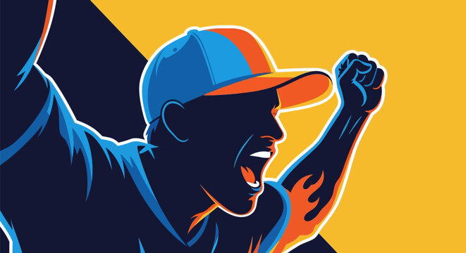 Excited Man Wearing Baseball Cap Celebrating Victory.