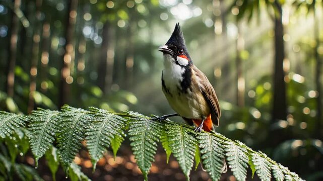 Red-whiskered bulbul bird perched on a fern leaf in a lush green rainforest environment, taking flight with beautiful sunlight