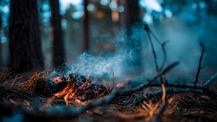 Glowing embers and white smoke on the forest floor, featuring dark trees and a cold blue color grading. Represents environmental destruction and climate crisis.