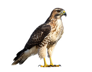 Hawk with sharp eyes, brown and white plumage, yellow talons