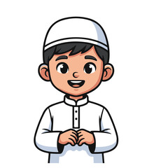 Obraz premium Vector cartoon character of a boy wearing typical white Muslim clothing, with a smiling face looking at the camera.