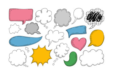 Hand Drawn Comic Speech Bubble and Doodle Collection Set. Cartoon Talk Balloons, Thought Clouds, Heart and Boom Shapes in Sketch Style. Colorful Pop Art Elements. Vector Illustration. Editable Stroke.