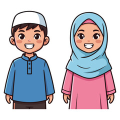 Fototapeta premium Vector cartoon characters of Muslim boys and girls wearing typical Muslim clothing, with smiling faces looking at the camera.