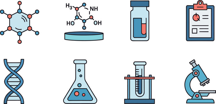 Detailed Science and Research Flat Line Icons Set for Chemistry, Biology, DNA, Laboratory Equipment, and Medical Experimentation