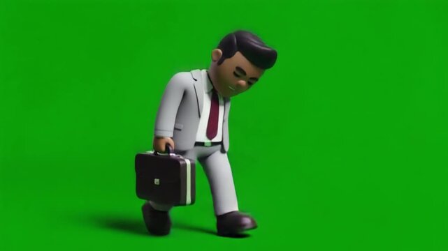 Stressed businessman in suit holding briefcase on green background