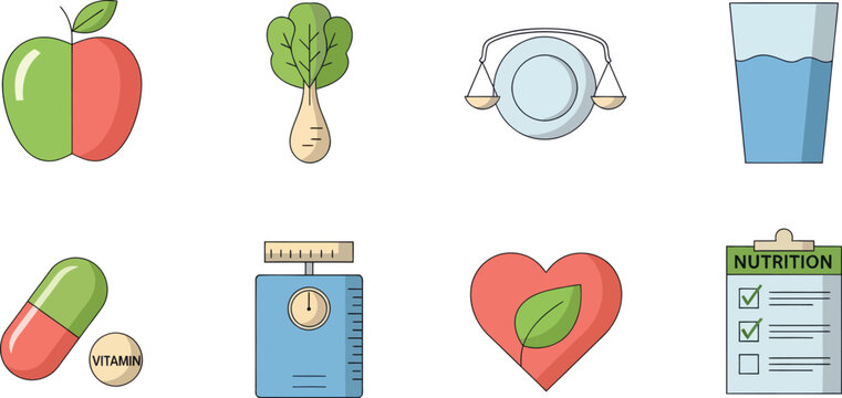 Vibrant Flat Design Nutrition and Healthy Eating Icons Set including Fruits, Vegetables, Vitamins, Hydration, and Diet Planning