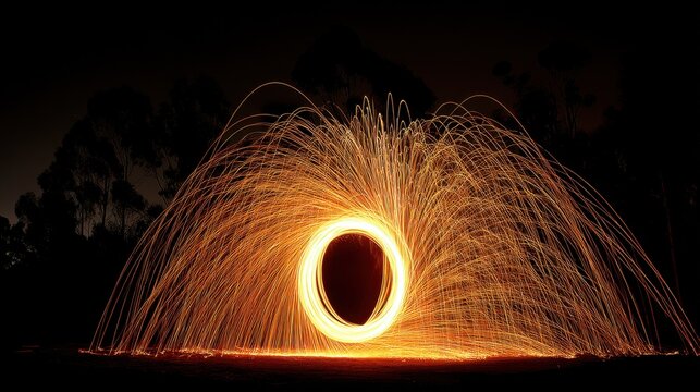 Dynamic Steel Wool Photography Creating Fiery Sparks in a Circular Motion Against a Dark Night Landscape