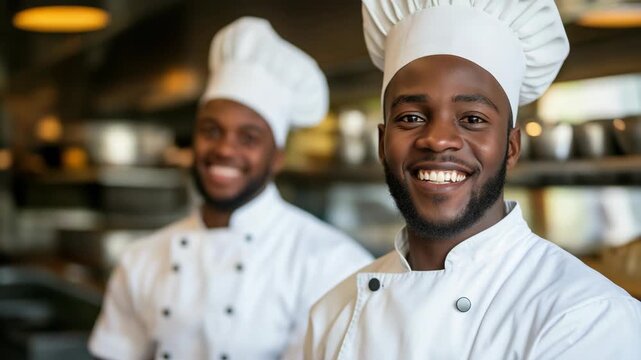 Two Black African chefs smiling at the camera in crisp white chef attire, confident culinary professionals in a modern kitchen setting, celebrating teamwork, culture, and hospitality.